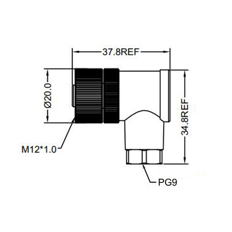 M12 4pins A code female right angle plastic assembly connector PG9 thread,unshielded,suitable cable outer diameter 6.0mm-8.0mm